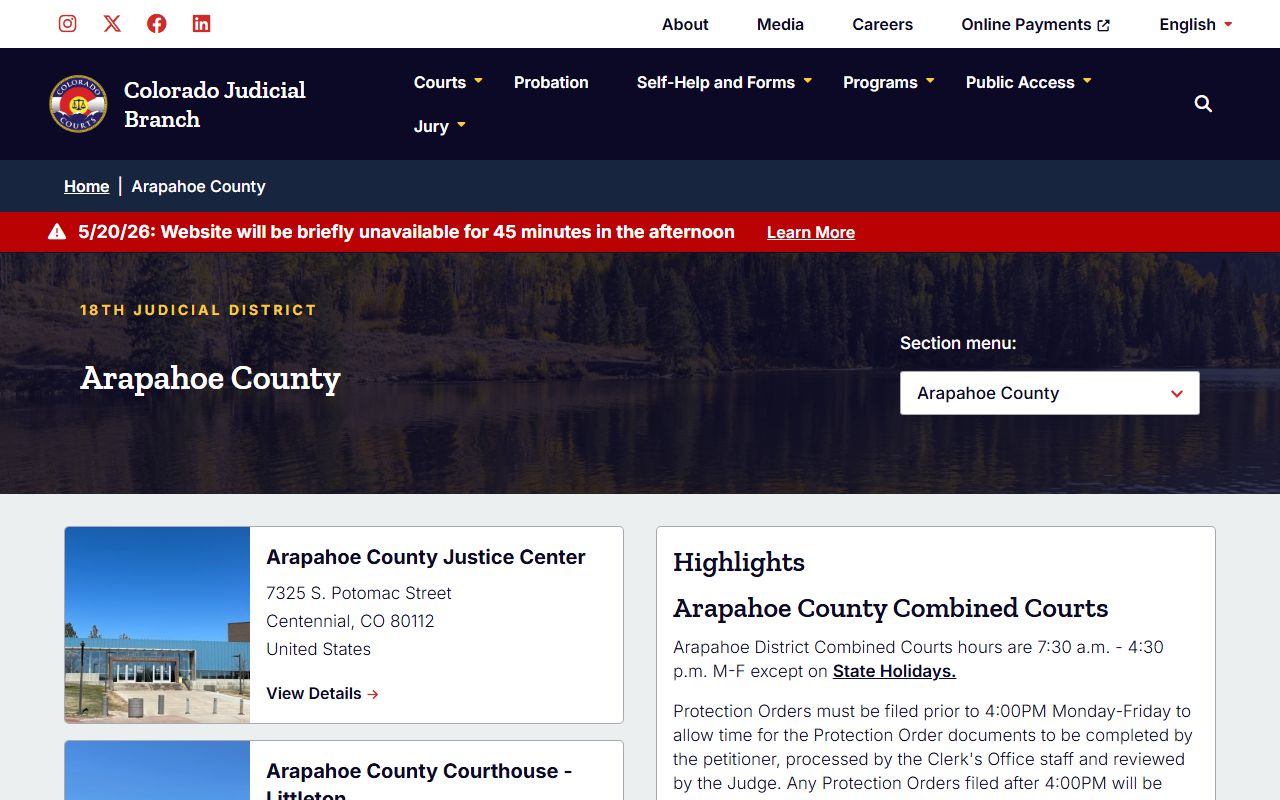 Arapahoe County court records home page on Colorado Judicial Branch website
