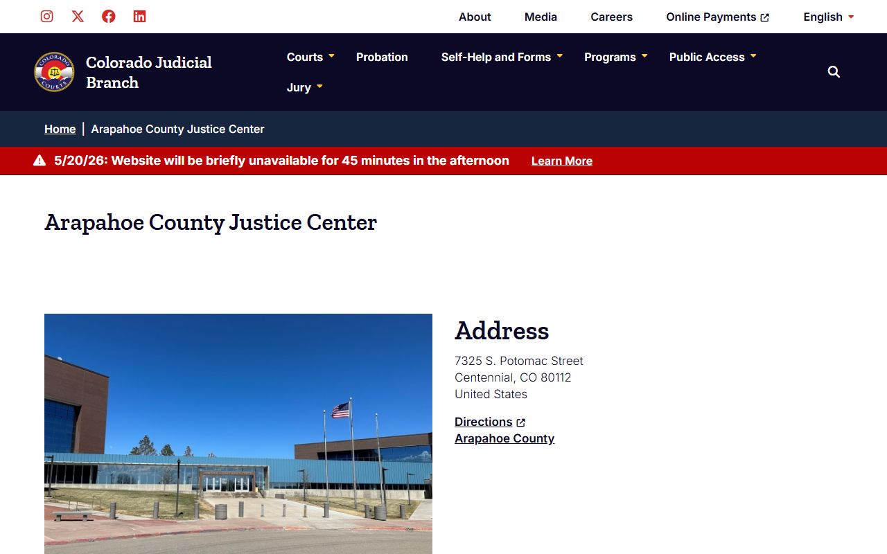 Arapahoe County Justice Center court records location page