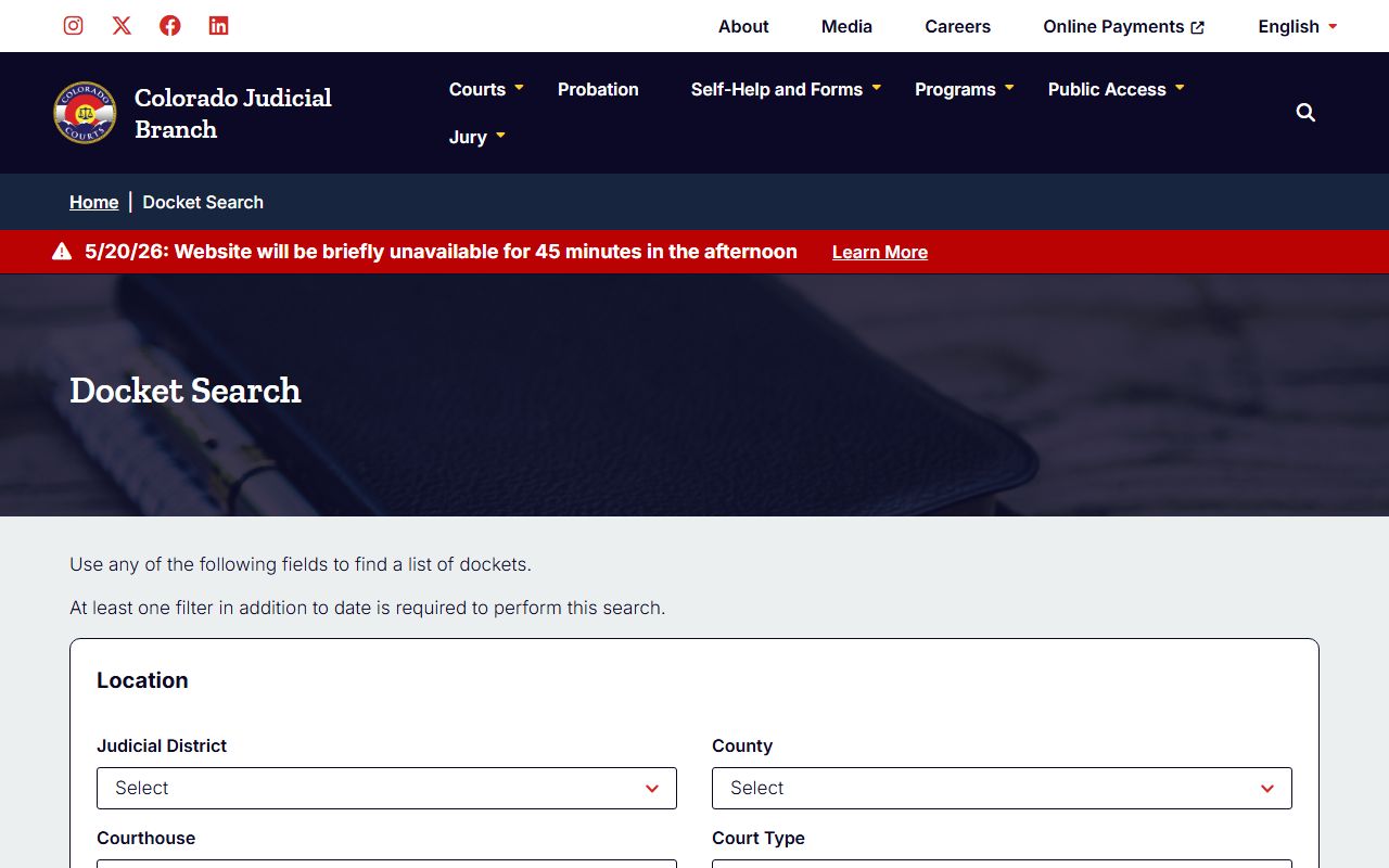 Colorado Judicial Branch docket search tool for Arapahoe County court records