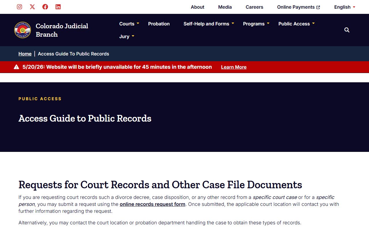 Colorado Judicial Branch public records access guide for Arapahoe County court records