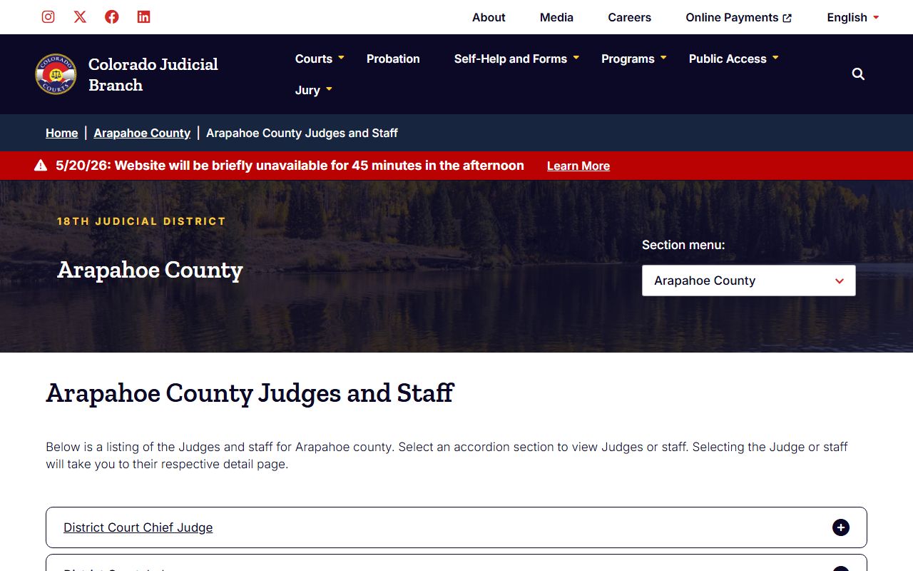 Arapahoe County court judges and staff directory listing for court records
