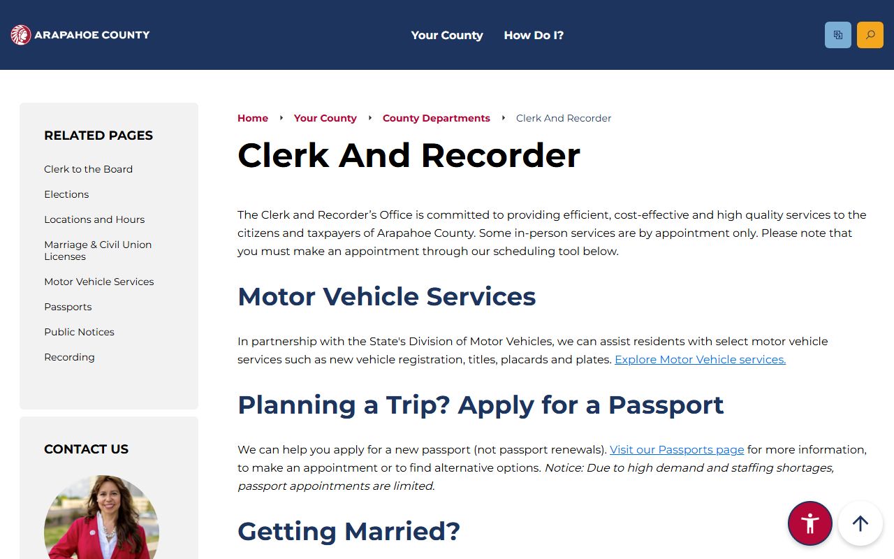 Arapahoe County Clerk and Recorder homepage for recorded document and marriage records search
