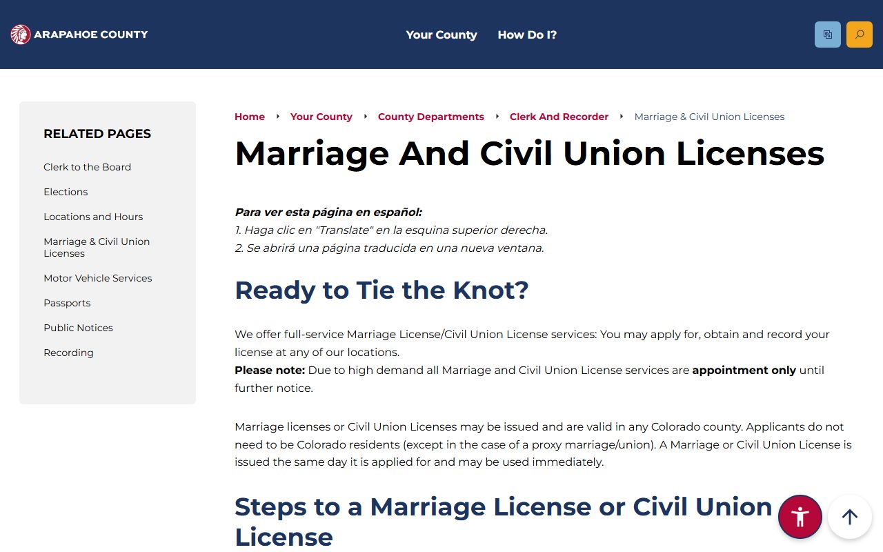 Arapahoe County marriage and civil union license page for court records and vital records