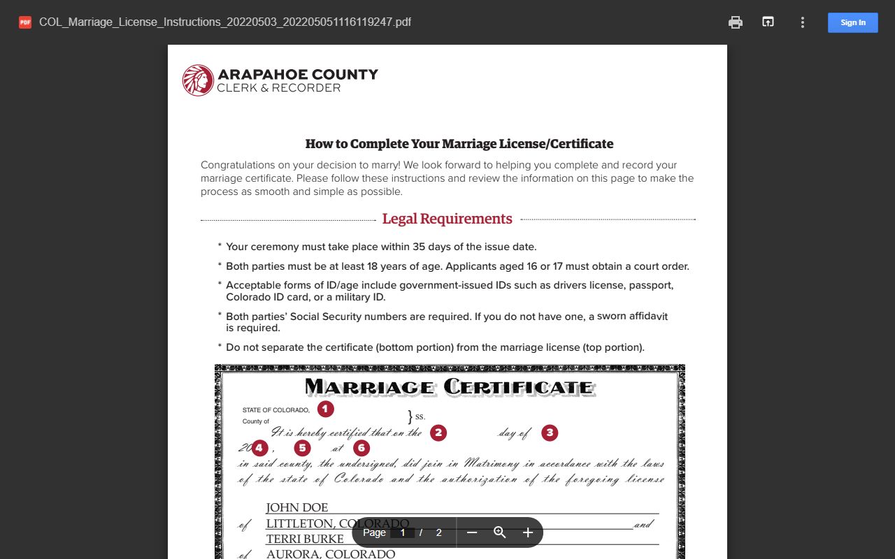 Arapahoe County marriage license instruction PDF with fees and recording requirements