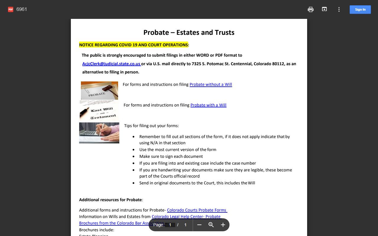 Arapahoe County probate records information document from Colorado Judicial Branch