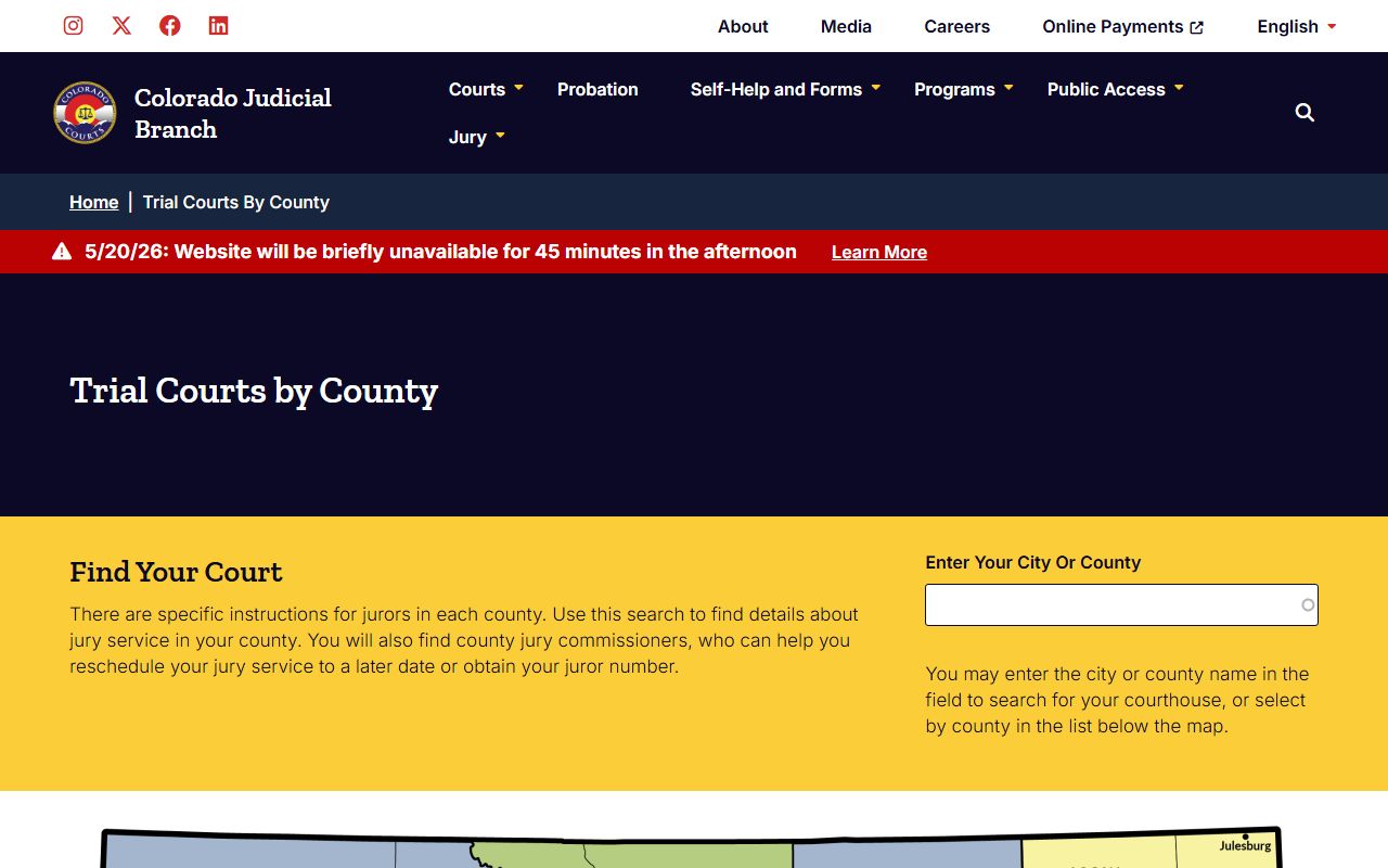 Colorado Judicial Branch trial courts by county page showing the court hierarchy including Arapahoe County District Court