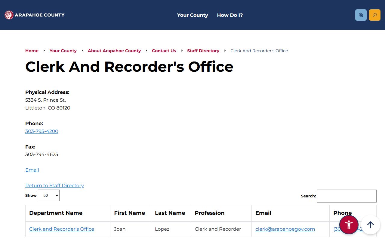 Arapahoe County Clerk and Recorder staff directory page showing Joan Lopez contact details versus Clerk of Court office