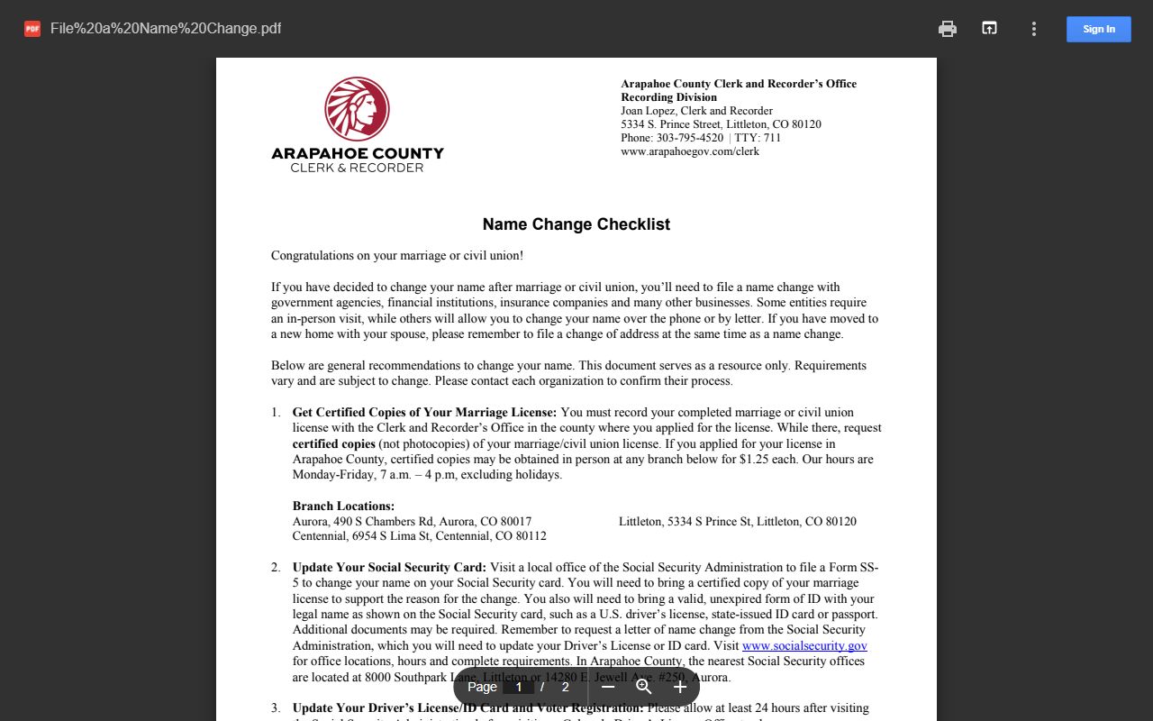 Arapahoe County Clerk and Recorder name change checklist after marriage or civil union
