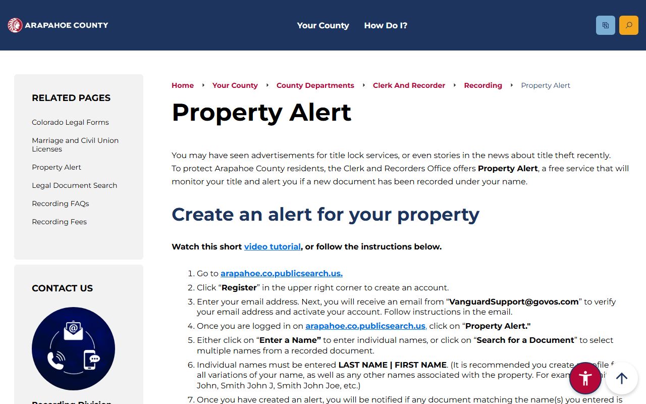 Arapahoe County Clerk and Recorder property alert and fraud detection page for recorded documents