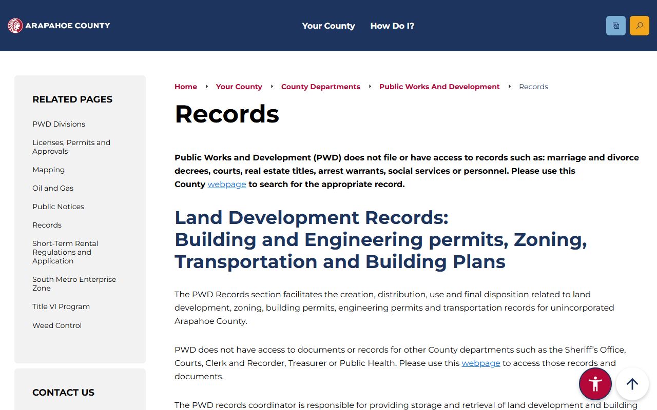 Arapahoe County Public Works records page showing CORA request process for county department records