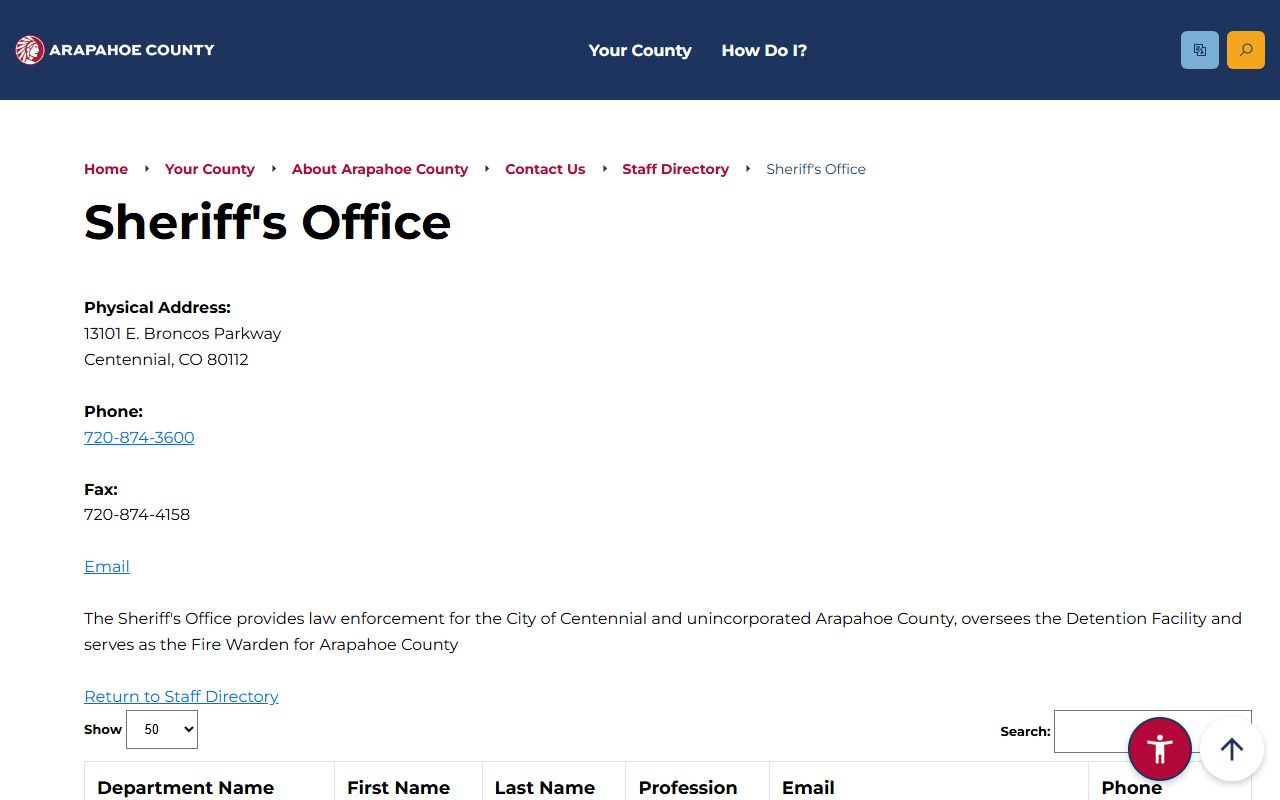 Arapahoe County Sheriff staff directory with warrant records contact information