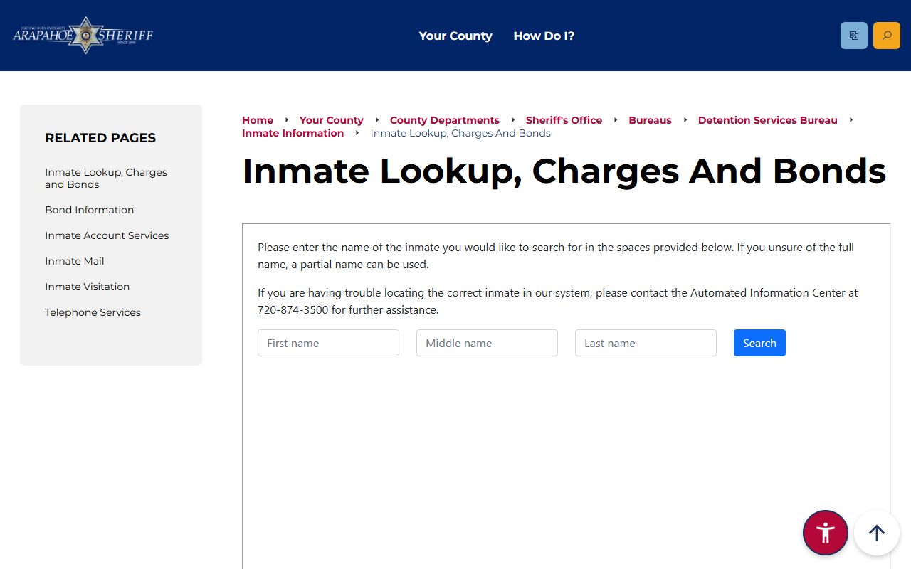 Arapahoe County Sheriff inmate charges and bonds lookup page