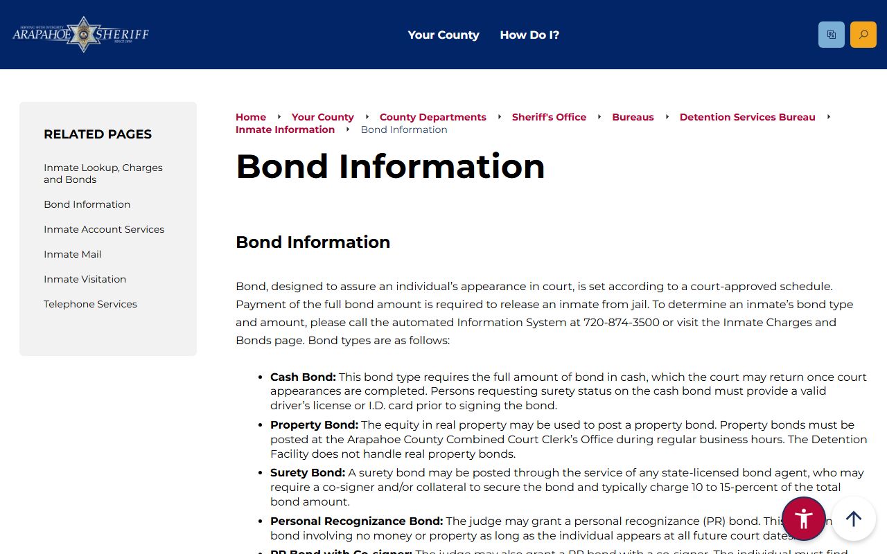 Arapahoe County Sheriff bond information and posting workflow page