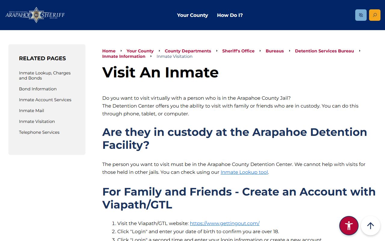 Arapahoe County Sheriff inmate visitation page with ViaPath GTL GettingOut account setup