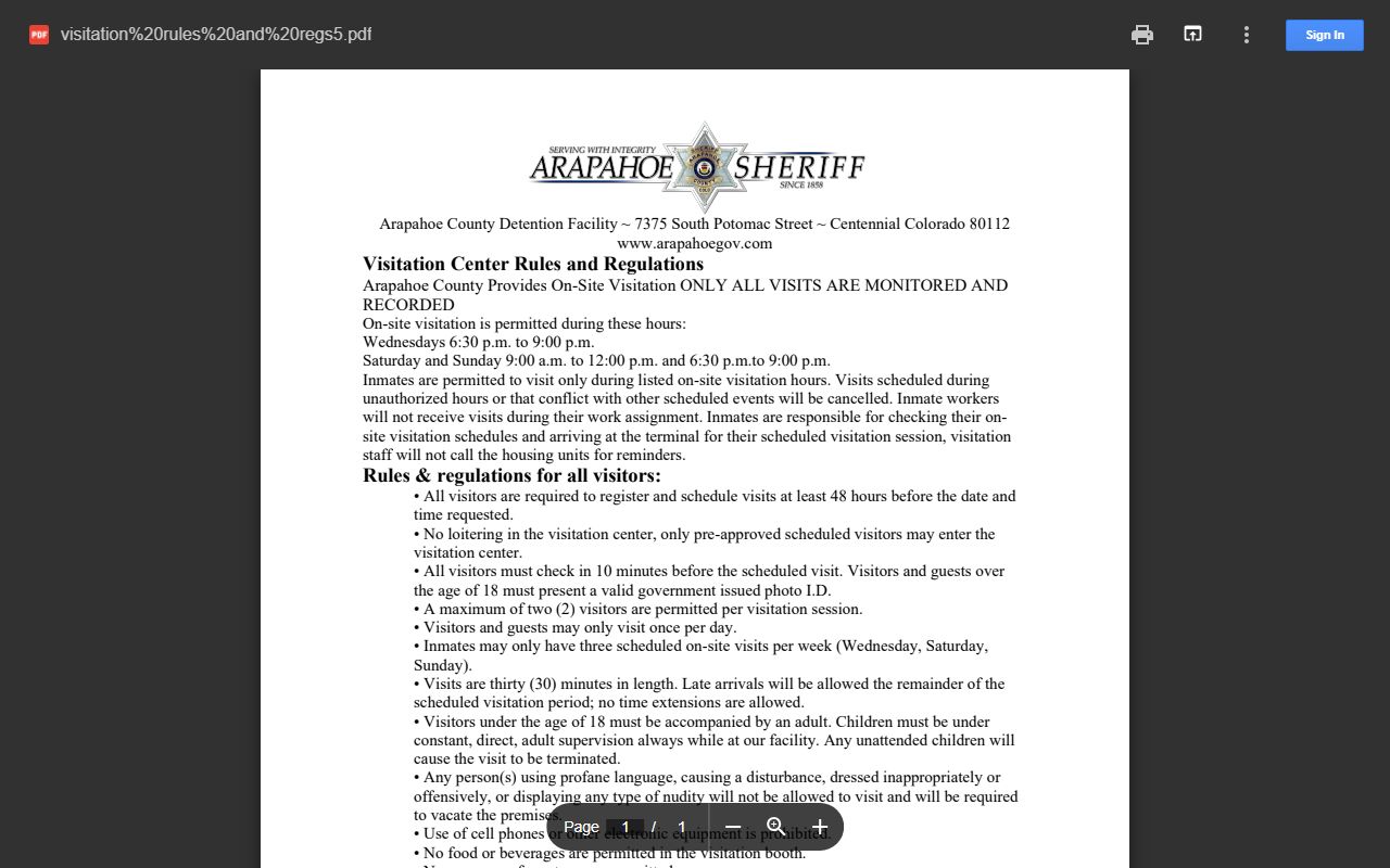 Arapahoe County jail visitation rules and regulations PDF with on-site visit schedule