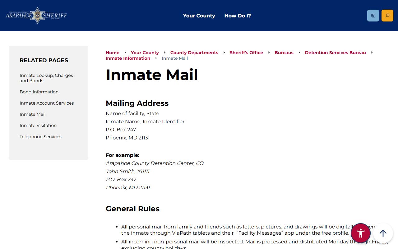 Arapahoe County Sheriff inmate mail page with mailing address and banned items list