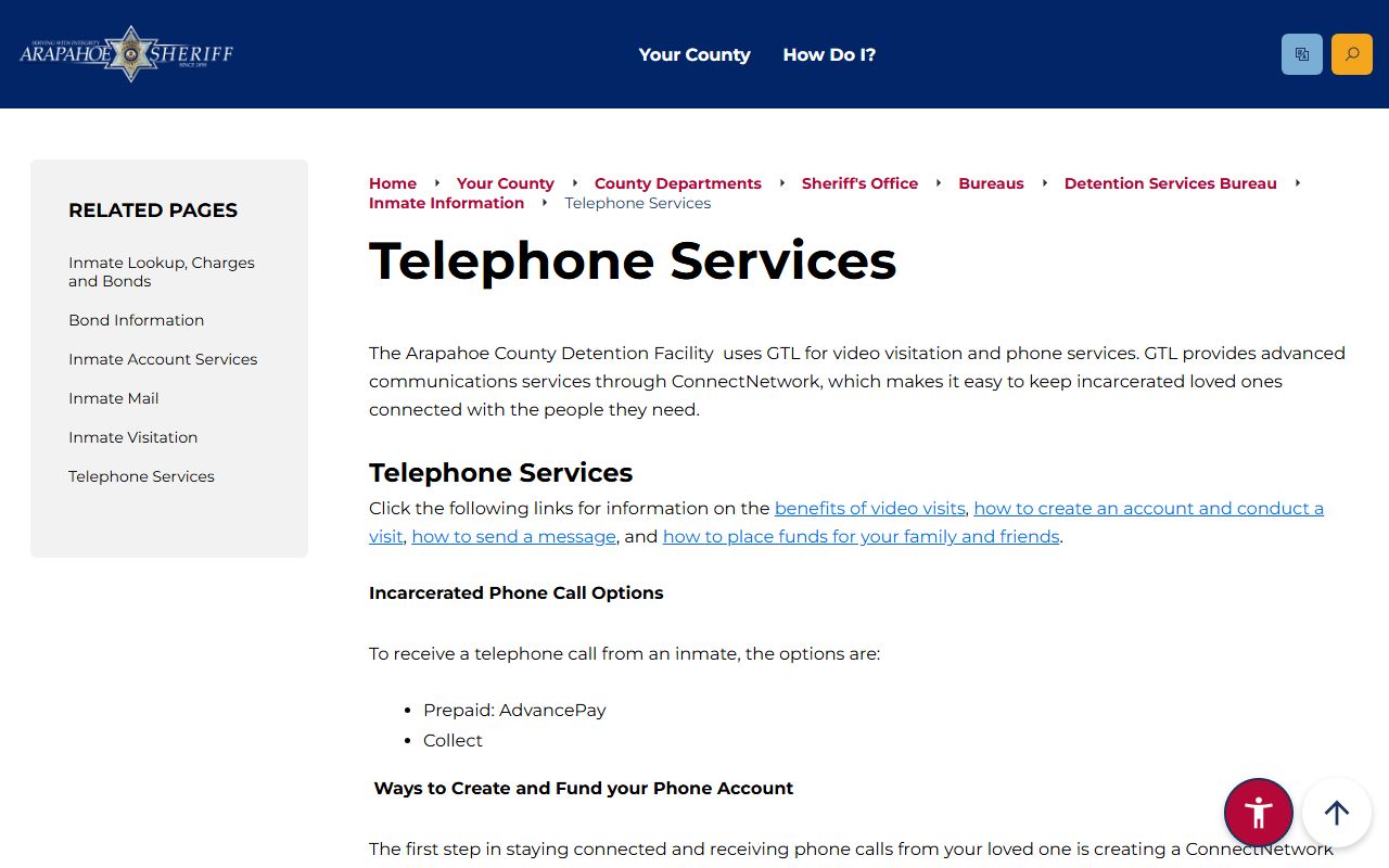 Arapahoe County Sheriff inmate telephone services page with GTL ConnectNetwork rates and tablet program