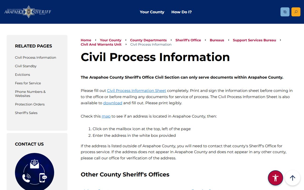 Arapahoe County Sheriff Civil and Warrants Unit warrant records page