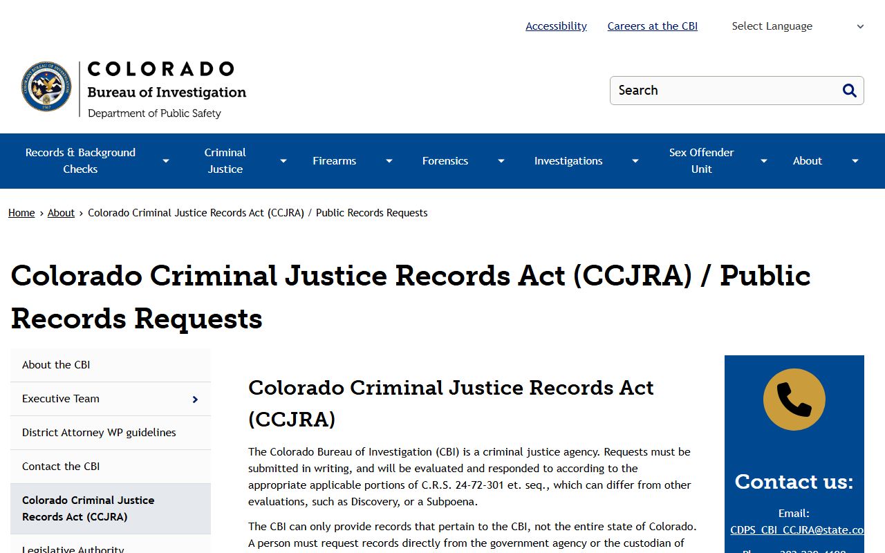 Arapahoe County Colorado CBI CCJRA CORA records request page