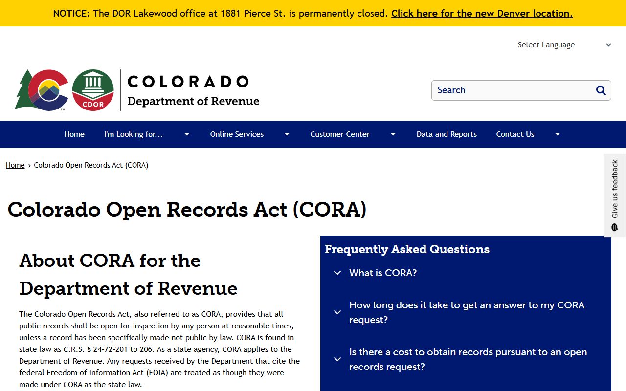 Colorado Department of Revenue CORA page showing Arapahoe County open records response timeline
