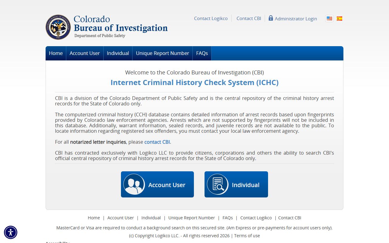 Arapahoe County Colorado CBI criminal history check portal homepage
